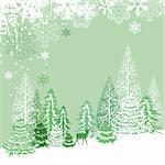 Beautiful view of winter forest with fir-trees and deer