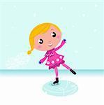 Cute little Christmas Girl ice skating. Vector cartoon Illustration.