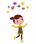 Little Girl & autumn Tree Leaves - vector cartoon Illustration