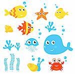 Exotic fishes and Sea animals big collection. Vector cartoon Illustration.