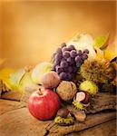 Nature background made of autumn fruit: chestnut, grapes, apple, walnut, pear, fig and quince