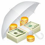 Dollars and golden coins covered with a white umbrella.