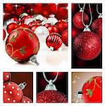 Collage of red christmas decorations on different backgrounds