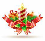 Illustration vectorielle de composition décorative de Noël avec l'arc rouge, des rubans, des bougies, holly, feuilles et petits fruits