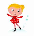 Figure skating child in christmas red costume. Vector cartoon