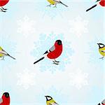 Bullfinch titmouse-winter birds on the background of the snowflakes. Seamless illustration