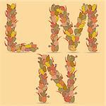 L,M,N Vector colorful font. Autumn theme, leaves and berries.