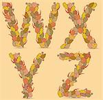 W,X,Y,Z Vector colorful font. Autumn theme, leaves and berries.