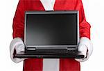 Santa Claus holding a laptop