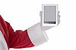 Santa Claus arm with E-Book over white