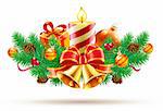 Vector illustration de Noël branches à feuilles persistantes de composition décorative, arc, rubans, bougies et clochettes d'or