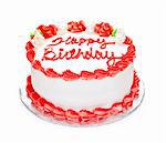 Birthday cake with white and red icing isolated on white