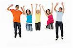 Group Of Five Young Children Jumping In Studio