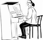 sketch of a woman pianist in glasses