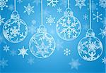 Christmas Ornaments with Snow Flakes on Blue Background