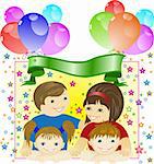 happy family on a background of festive decorations from balloons and stars