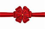 Red satin ribbon with a flower bow for gift box or card. Vector illustration