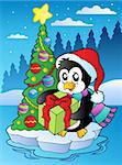 Christmas scene with penguin - vector illustration.