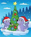 Two seals with Christmas tree - vector illustration.