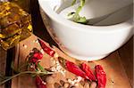 Cooking - Preparing of Marinade in Mortar - Red Chillies, Rosemary, Salt and Allspice