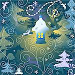 Christmas background with a toy house, forest and wild animals and birds (vector)