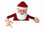 Cartoon Santa Claus pointing at something from behind a blank sign - high quality 3d illustration