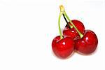 three fresh red cherries in the summer on white background