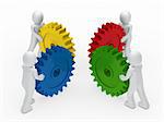 3d business men push a gear colorful