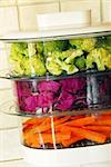 green broccoli, magenta cabbage and orange carrots in steamer