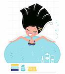 Young pretty woman relaxing in whirlpool. Vector Illustration in retro style.