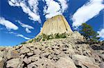 Devils Tower National Monument rises prominently from the landscape of northeastern Wyoming.