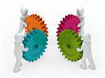 3d business men push a gear colorful