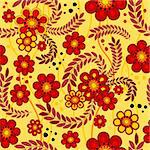 Vivid yellow seamless floral pattern with spots and wavy lines
