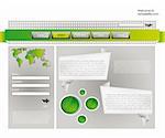 web site design template for company with silver background, frame, arrow and world map