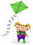 cute girl flying a kite - high quality 3d illustration