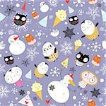 seamless pattern with winter owls and snowmen on a violet background with snowflakes