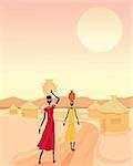 an illustration of two african women carrying water to a small village on a dusty trail under a sunset sky