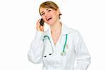 Smiling medical female doctor talking phone isolated on white