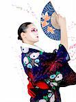 japan geisha woman with creative make-up dancing with fan