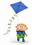 cartoon boy flying a kite -  high quality 3d illustration
