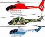Vector pack of three detailed helicopters with military, police and emergency painting  JPEG version also available