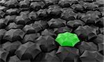 Illustration of one green umbrella among many dark