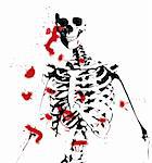 An illustrated black and white skeleton covered in blood.