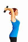 Beautiful caucasian woman curls dumbbells over white background