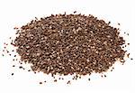 a heap of organic chia seeds rich in omega-3 fatty acids, side view on white,