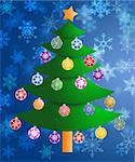 Colorful Christmas Tree on Blurred Snowflakes Background