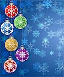 Colorful Hanging Christmas Ornament on Blurred Snowflakes Background