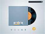 Vinyl disk styled audio player template with related pictograms. Solid color envelop surface can be replaced with real album cover