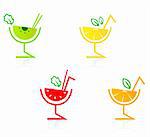 Fruit drinks for your party - kiwi, lemon, strawberry & orange. Vector