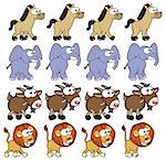 Animal Walking animations. Vector cartoon and isolated characters. You can use four frames in loop, each animal.